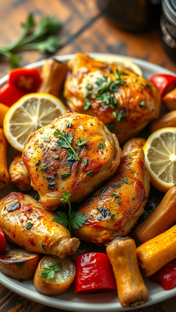 Savory Garlic Junior Chicken Recipe Savory garlic chicken thighs on a plate, garnished with herbs and lemon, served with roasted vegetables.